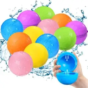Smirodi WB-1 Zwölferset Wasserbälle in sechs Farben; Herstellerkomposition auf Weiß mit zusätzlicher Handansicht eines geöffneten Balls